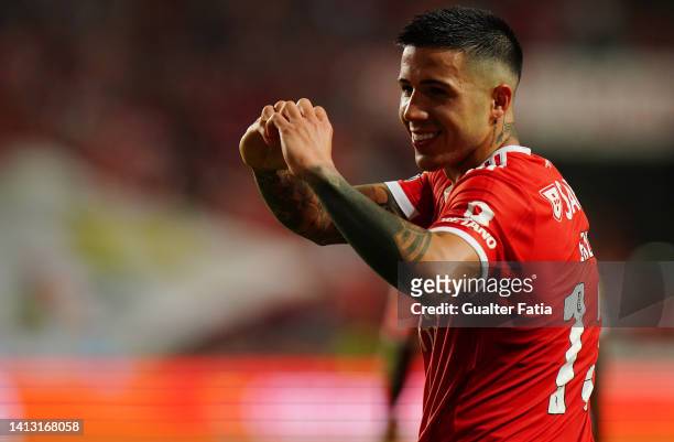 Enzo Fernandez of SL Benfica celebrates after scoring a goal during the Liga Portugal Bwin match between SL Benfica and FC Arouca at Estadio da Luz...