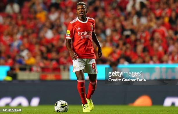 Florentino Luis of SL Benfica in action during the Liga Portugal Bwin match between SL Benfica and FC Arouca at Estadio da Luz on August 5, 2022 in...
