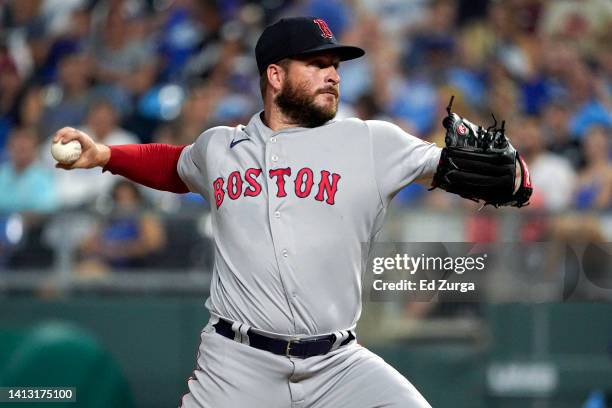 Ryan Brasier of the Boston Red Sox throws in the sixth inning against the Kansas City Royals at Kauffman Stadium on August 05, 2022 in Kansas City,...