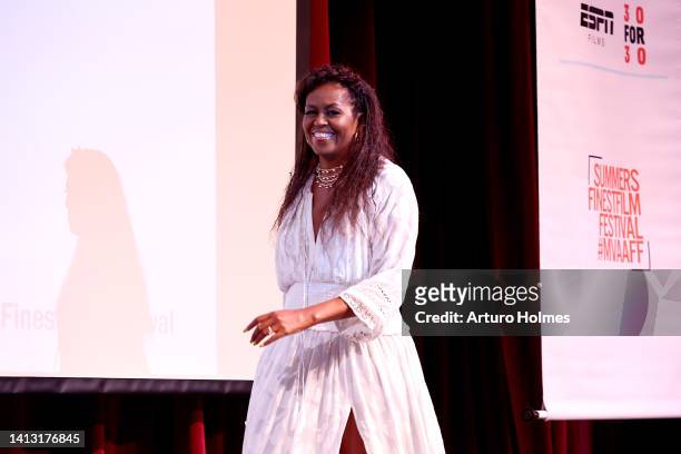 Michelle Obama attends the premiere of Netflix's Descendant during the Martha's Vineyard African-American Film Festival at MV Performing Arts Center...