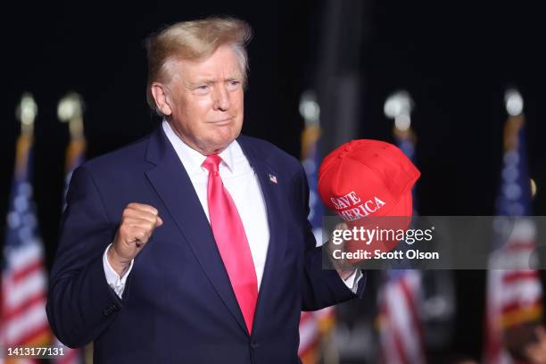 Former President Donald Trump greets supporters during a rally on August 05, 2022 in Waukesha, Wisconsin. Former President Trump endorsed Republican...