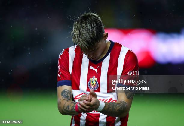 Cristian Calderon of Chivas reacts during the 7th round match between Mazatlan FC and Chivas as part of the Torneo Apertura 2022 Liga MX at Kraken...