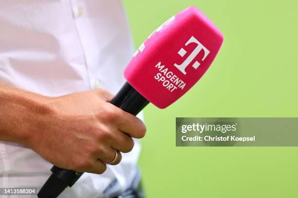Microphone of Magenta Sport is seen during the 3. Liga match between MSV Duisburg and Rot-Weiss Essen at Schauinsland-Reisen-Arena on August 05, 2022...