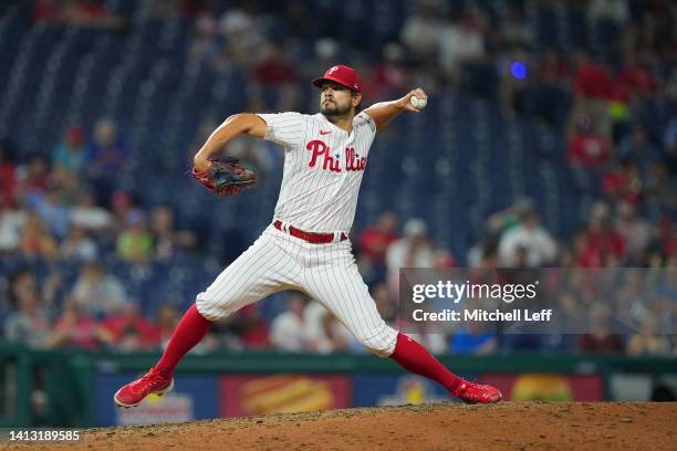 Brad Hand of the Philadelphia Phillies throws a pitch against the Washington Nationals at Citizens Bank Park on August 5, 2022 in Philadelphia,...