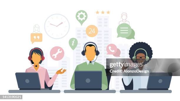 stockillustraties, clipart, cartoons en iconen met customer service. call center. hotline operators with headphones on laptop screen. - callcenter