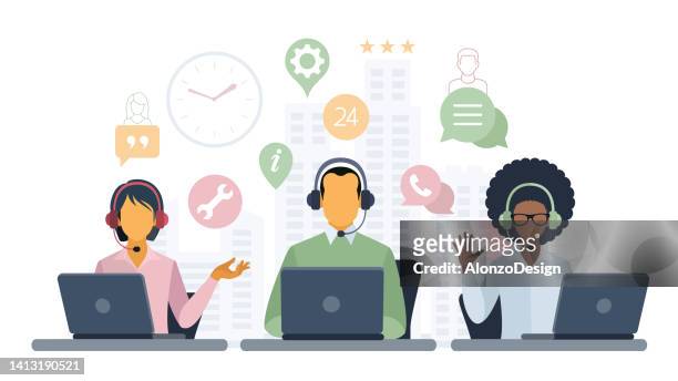 customer service. call center. hotline operators with headphones on laptop screen. - business stock illustrations