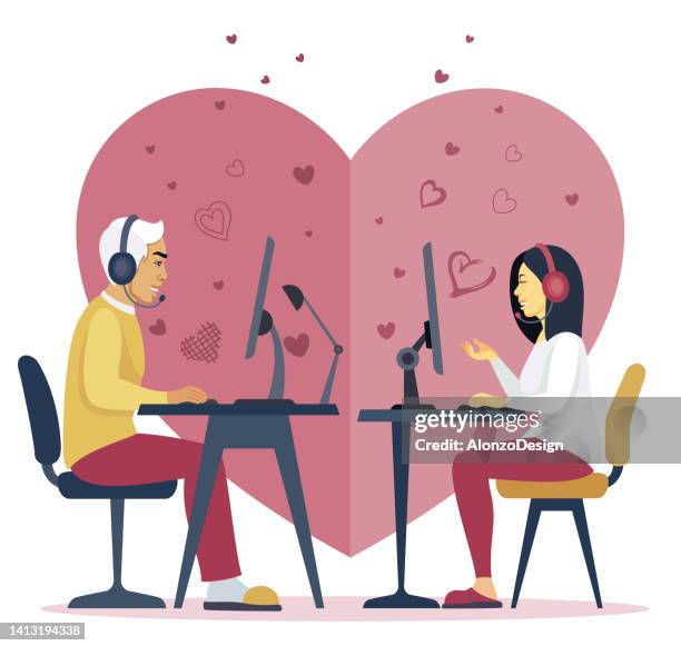 asian couple. online dating. - japanese greeting stock illustrations