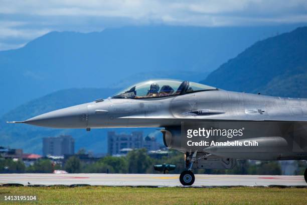 Taiwanese F-16 Fighting Falcon lands at Hualien Air Force Base on August 06, 2022 in Hualien, Taiwan. Taiwan remained tense after U.S. Speaker of the...
