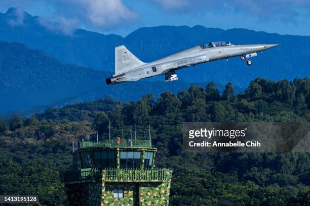 Taiwanese F-5 fighter jet is seen after taking off from Chihhang Air Base on August 06, 2022 in Taitung, Taiwan. Taiwan remained tense after U.S....
