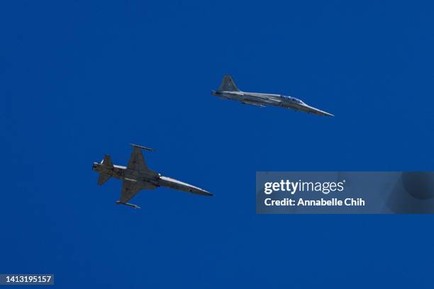 Taiwanese F-5 fighter jets are seen after taking off from Chihhang Air Base on August 06, 2022 in Taitung, Taiwan. Taiwan remained tense after U.S....