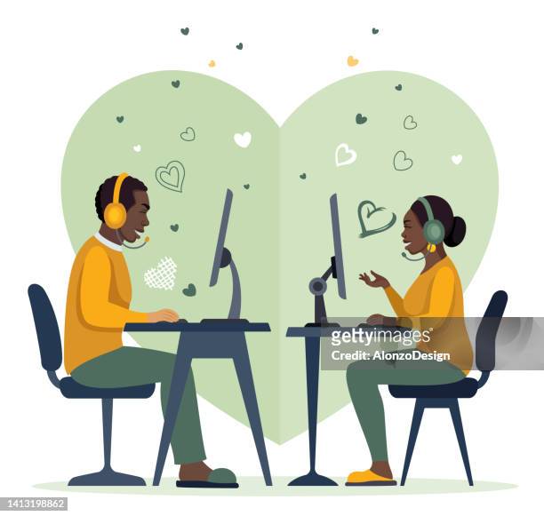 afro-paar auf videokonferenz. online-dating. - heart chair design stock-grafiken, -clipart, -cartoons und -symbole