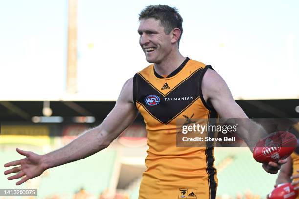 Ben McEvoy of the Hawks celebrates the win during the round 21 AFL match between the Hawthorn Hawks and the Gold Coast Suns at University of Tasmania...