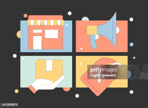 quad icon pack of e-commerce line set - cells under microscope blue stock illustrations