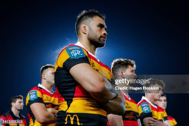 Liam Messam of Waikato looks on after playing his 100th game during the round one Bunnings NPC match between Waikato and Hawke's Bay at FMG Stadium,...