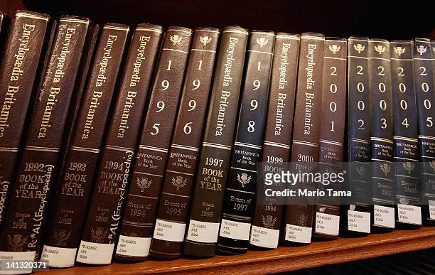Encyclopedia Britannica editions are seen at the New York Public Library on March 14, 2012 in New York City. Encyclopedia Britannica announced it...
