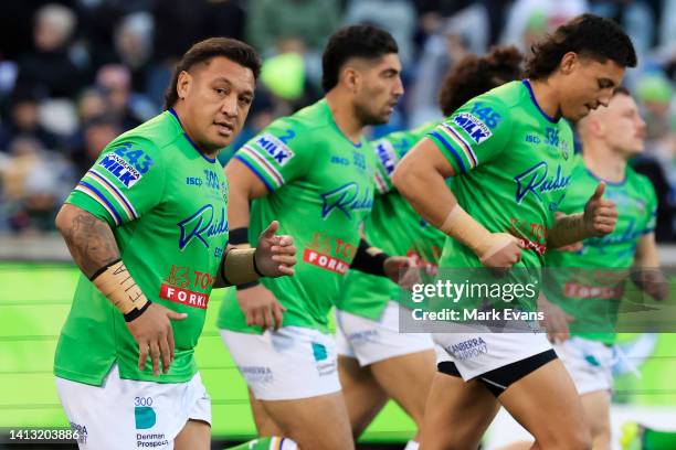 Josh Papalii of the Raiders warms up before the round 21 NRL match between the Canberra Raiders and the Penrith Panthers at GIO Stadium, on August 06...