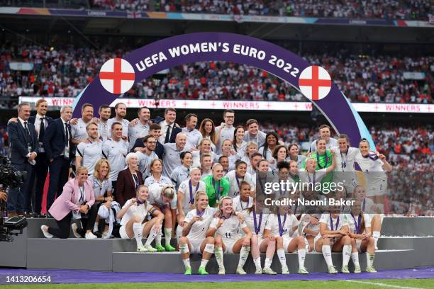 England celebrate during the trophy presentation during the UEFA Women's Euro 2022 final match between England and Germany at Wembley Stadium on July...