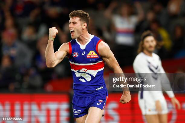 Josh Dunkley of the Bulldogs celebrates kicking a goal during the round 21 AFL match between the Western Bulldogs and the Fremantle Dockers at Marvel...