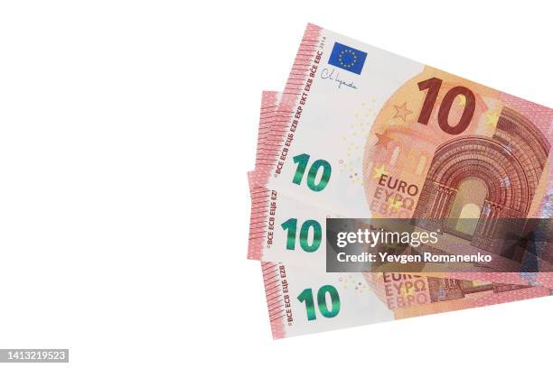 10 euro bills on white background - nota de euro da união europeia imagens e fotografias de stock