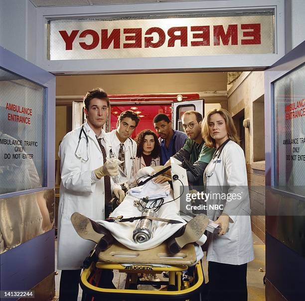 Pictured: Noah Wyle as Doctor John Carter; George Clooney as Doctor Doug Ross; Julianna Margulies as Nurse Carol Hathaway; Eriq La Salle as Doctor...