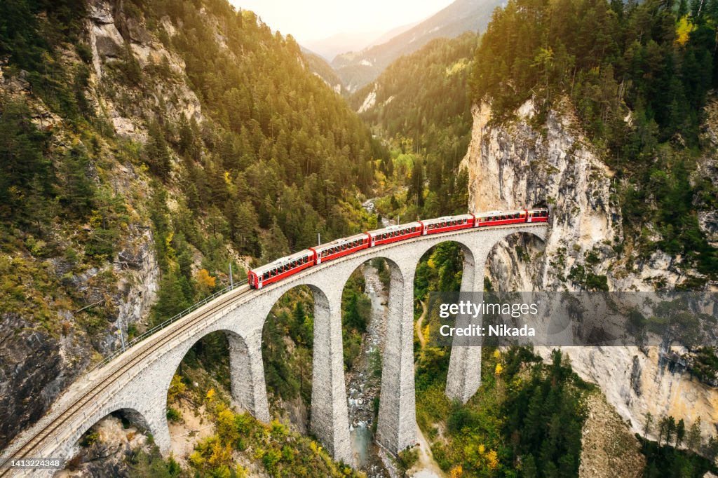 Train crossing Landwasser Viaduct , Switzerland