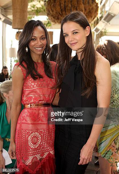Actresses Zoe Saldana and Katie Holmes attend the The Hollywood Reporter & Jimmy Choo Inaugural 25 Most Powerful Stylists Luncheon at Soho House on...