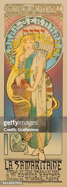 ilustrações, clipart, desenhos animados e ícones de art nouveau outdoor mulher com cabelos dourados 1897 - art nouveau