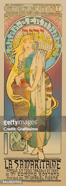 art nouveau billboard woman with golden hair 1897 - alphonse mucha stock illustrations