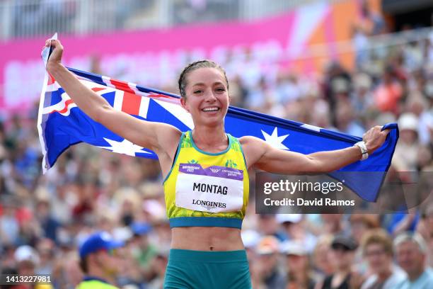Jemima Montag of Team Australia celebrates after wining the gold medal in the Women's 10,000m Race Walk Final on day nine of the Birmingham 2022...