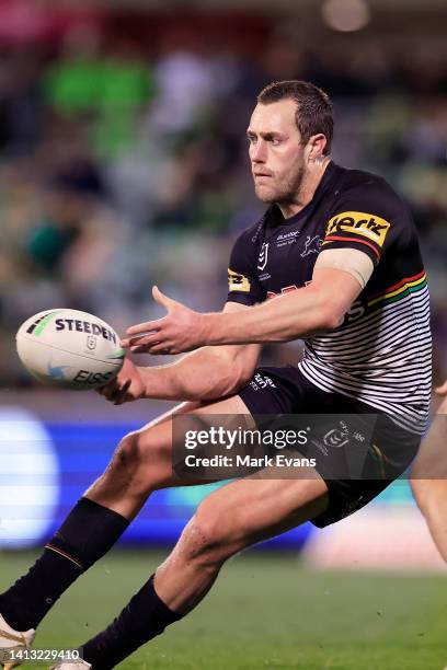 Isaac Yeo of the Panthers passes during the round 21 NRL match between the Canberra Raiders and the Penrith Panthers at GIO Stadium, on August 06 in...