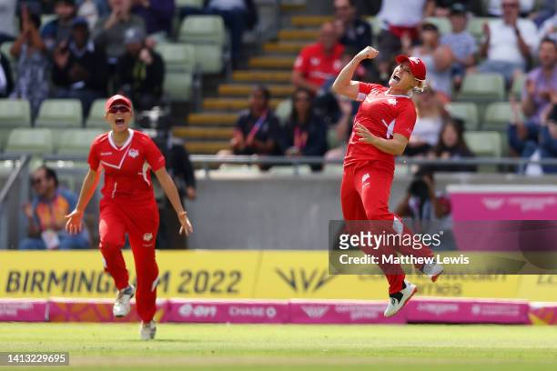 Katherine Brunt of Team England celebrates catching Shafali Verma of Team India during the Cricket T20 - Semi-Final match between Team England and...