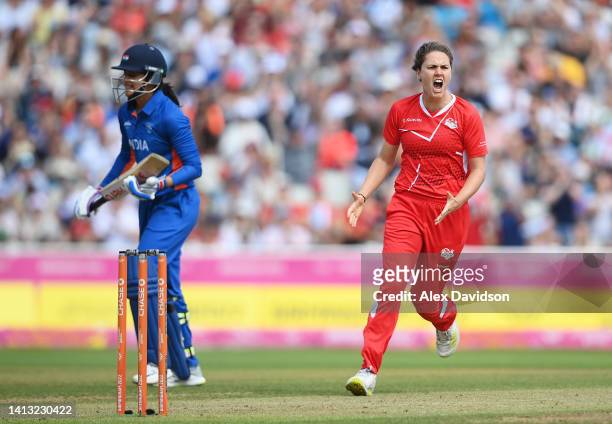 Nat Sciver of Team England celebrates the wicket of Smriti Mandhana of Team India during the Cricket T20 - Semi-Final match between Team England and...
