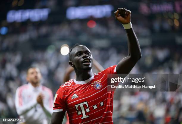 Sadio Mane of FC Bayern Muenchen celebrates after the Bundesliga match between Eintracht Frankfurt and FC Bayern München at Deutsche Bank Park on...