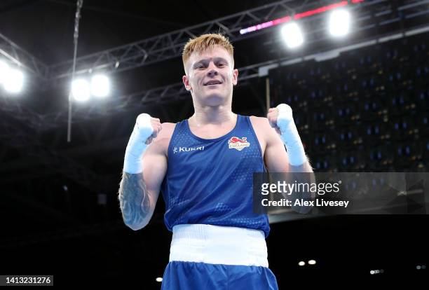 Kiaran MacDonald of Team England celebrates after victory over Jake Dodd of Team Wales following the Men’s Over 48kg-51kg - Semi-Final 2 fight on day...