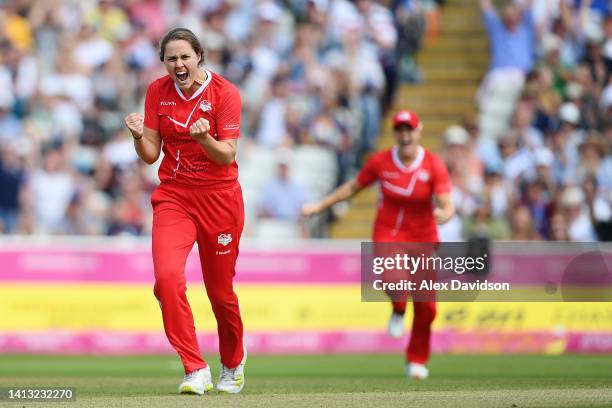 Nat Sciver of Team England celebrates the wicket of Smriti Mandhana of Team India during the Cricket T20 - Semi-Final match between Team England and...