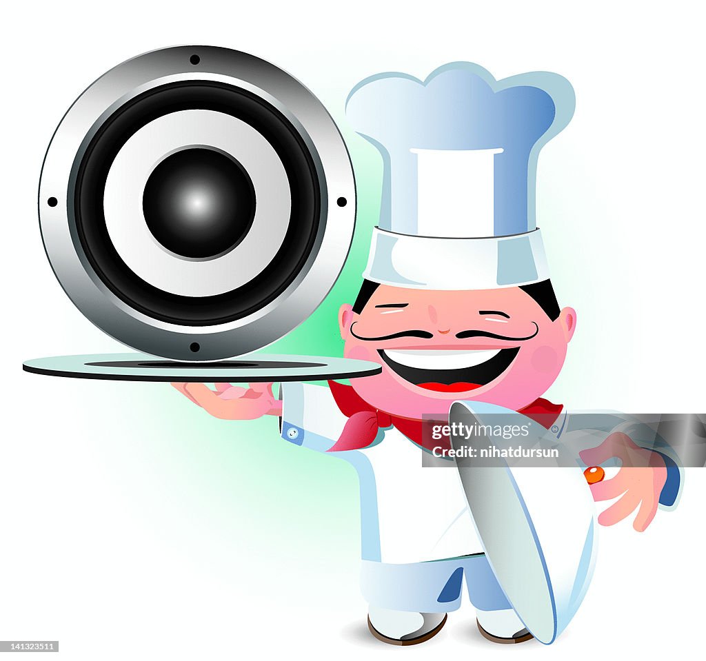 Laughing chef serving up a speaker