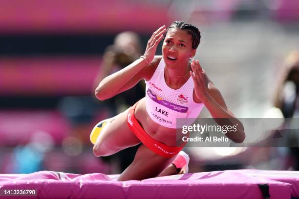 Morgan Lake of Team England reacts during the Women's High Jump Final on day nine of the Birmingham 2022 Commonwealth Games at Alexander Stadium on...