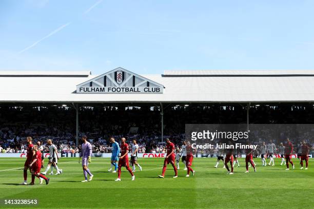 General view of the inside of the stadium as players of Fulham and Liverpool take the field prior to kick off of the Premier League match between...
