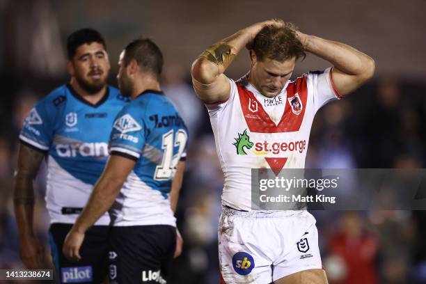 Jack de Belin of the Dragons looks dejected at full time during the round 21 NRL match between the Cronulla Sharks and the St George Illawarra...