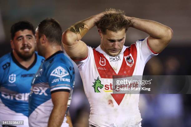 Jack de Belin of the Dragons looks dejected at full time during the round 21 NRL match between the Cronulla Sharks and the St George Illawarra...