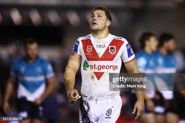 Jack de Belin of the Dragons looks dejected at full time during the round 21 NRL match between the Cronulla Sharks and the St George Illawarra...