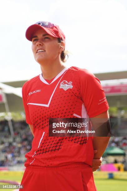 Nat Sciver of Team England looks on prior to the Cricket T20 Semi-Final match between Team England and Team India on day nine of the Birmingham 2022...