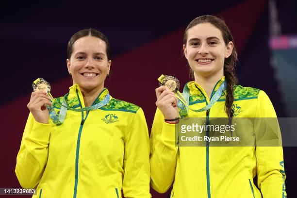 Gold medalists, Maddison Keeney and Anabelle Luce Smith of Team Australia pose with their medals during the medal ceremony for the Women's...