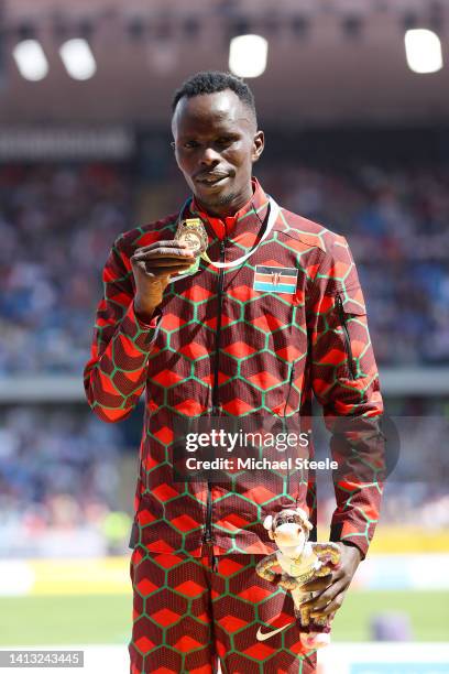 Gold medalist Abraham Kibiwot of Team Kenya poses for a photo during the medal ceremony for the Men's 3000m Steeplechase Final on day nine of the...