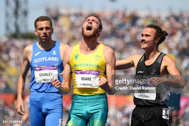 Oliver Hoare of Team Australia celebrates after winning the gold medal in the Men's 1500m Final on day nine of the Birmingham 2022 Commonwealth Games...