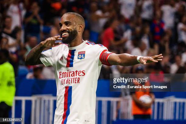 Alexandre Lacazette of Lyon celebrates after scoring his goal by free kick during the Ligue 1 match between Olympique Lyonnais and AC Ajaccio at...