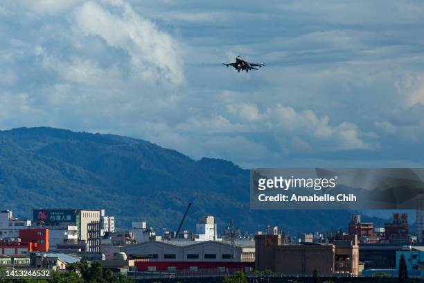 Taiwanese F-16 Fighting Falcon fighter jet is seen before landing at Hualien Air Force Base on August 06, 2022 in Hualien, Taiwan. Taiwan remained...