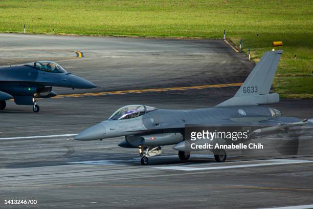 Taiwanese F-16 Fighting Falcon fighter jets are seen before taking off from Hualien Air Force Base on August 06, 2022 in Hualien, Taiwan. Taiwan...