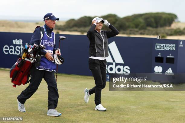 Amateur, Rose Zhang of the United States leaves the 6th tee during Day Three of the AIG Women's Open at Muirfield on August 06, 2022 in Gullane,...