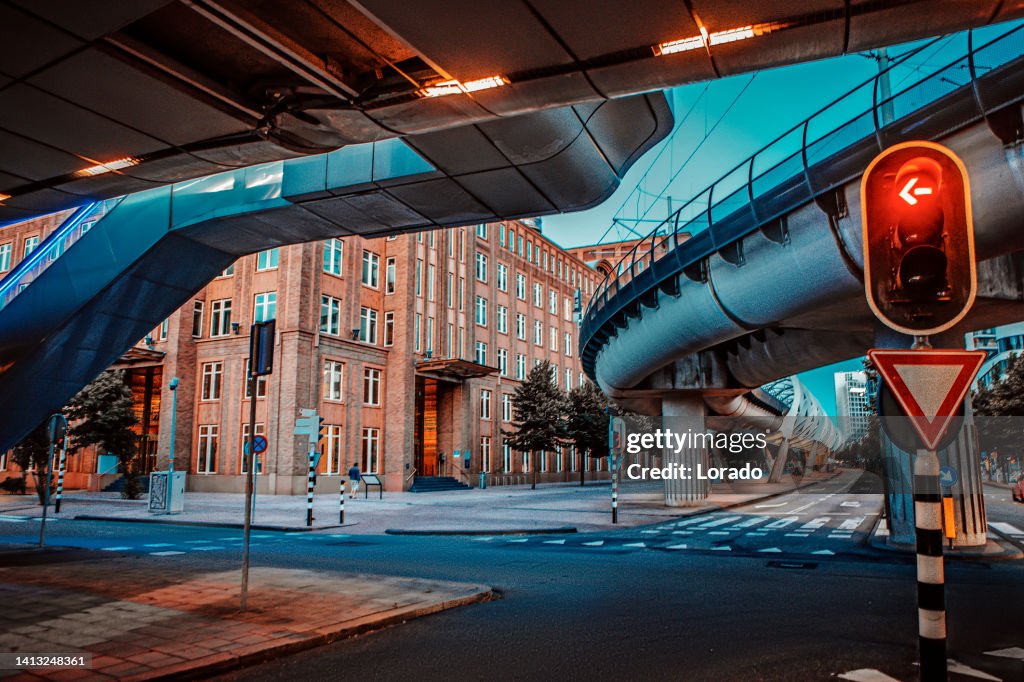 Dutch city street and lights in the evening